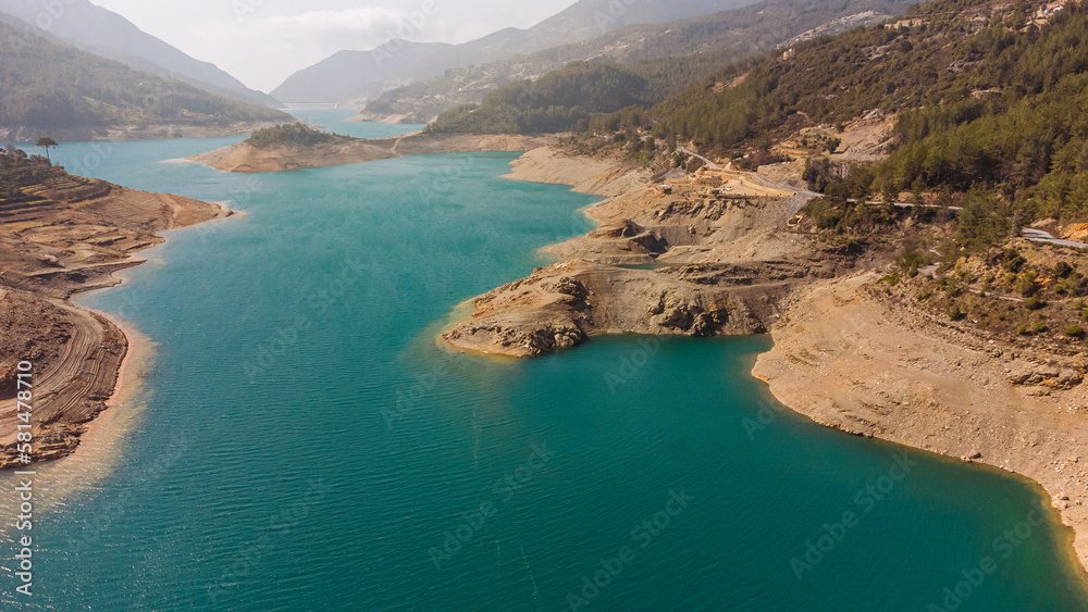 Aerial view of the famous reservoir on the Dymchay river in Turkey, Alanya. 