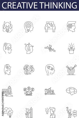 Creative thinking line vector icons and signs. Brainstorming, Innovating, Designing, Inventing, Conceptualizing, Analyzing, Constructing, Problematic outline vector illustration set