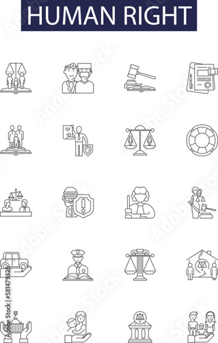 Human right line vector icons and signs. Equality, Freedom, Respect, Dignity, Identity, Autonomy, Protection, Security outline vector illustration set