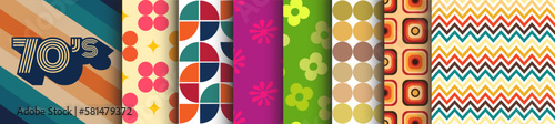 Obraz na płótnie Colección de estilo de los años 70 de patrones sin fisu, década de Boogie, gráficos retro, conjunto vintage de telas para prendas de vestir, diseños de moda. Contemporáneo, decorativo, juego de flores w salonie