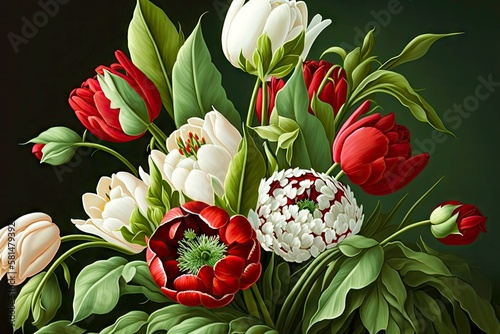 beaful tulips bouquet of white and red flowers in gently green leaves, created with generative ai photo