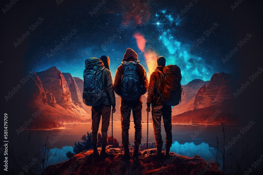 Rear view couple hikers holding s and their friend stands near campfire and looks at it under night sky with stars on the background mountains and luminous town. Generative AI