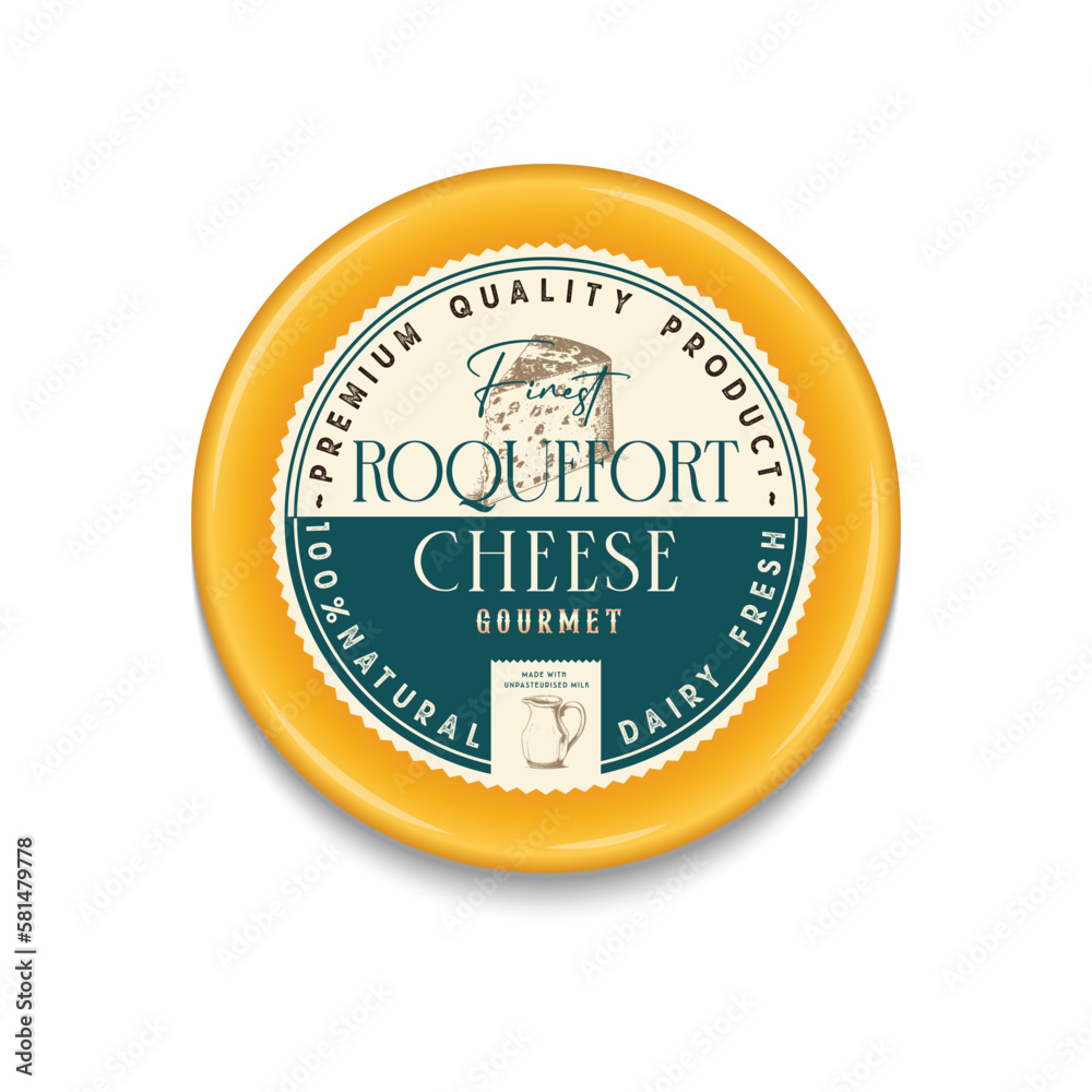 Vector Roquefort Cheese round labels and packaging design template, cheese detailed icons. Dairy product illustration for dairies, package and groceries branding. Vector Roquefort Cheese round labels and packaging design template, cheese detailed icons. Dairy product illustration for dairies, package and groceries branding.