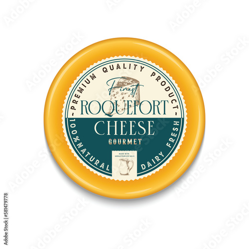 Vector Roquefort Cheese round labels and packaging design template, cheese detailed icons. Dairy product illustration for dairies, package and groceries branding.