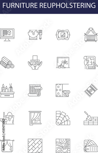 Furniture reupholstering line vector icons and signs. Furniture, Upholstery, Refurbish, Renew, Chair, Sofa, Cushion, Recover outline vector illustration set