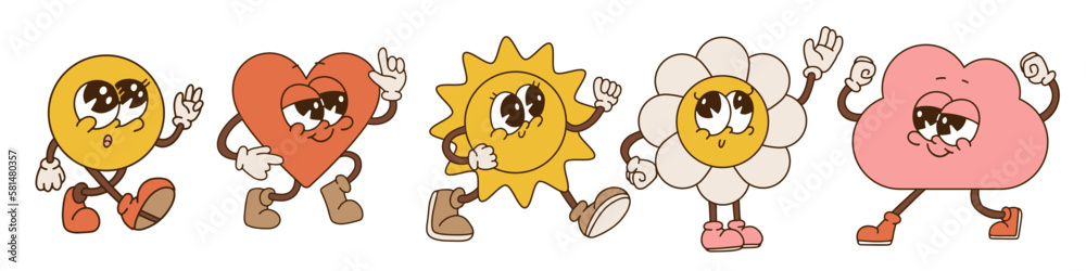 Set of retro cartoon stickers with abstract comic characters with gloved hands. Modern illustration with cute comic mascots. Hand drawn circle, heart, sun, flower and cloud. Vector illustration.