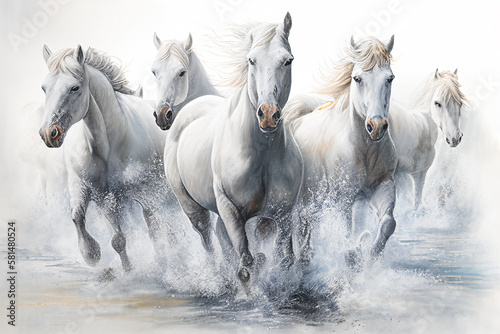 Watercolour abstract animal horse painting of white horses running through river stream water which could be used as a poster or flyer  computer Generative AI stock illustration image