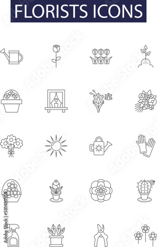Florists icons line vector icons and signs. Icons, Bouquets, Vases, Roses, Daisies, Artificial, Succulents, Bouquet outline vector illustration set