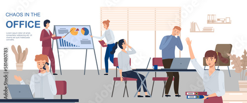 Chaos at workplace. Office team in panic. Unorganized office with lazy and unmotivated workers. Concept of difficulties and problems with organization at work, mess and disorder in business company