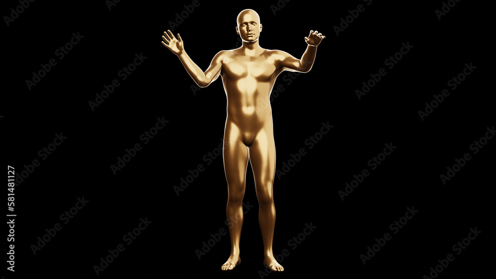 Beautiful young metallic gold man posing, isolated on black background. 3d illustration (rendering). Golden mannequin, android. Beautiful young metallic gold man posing, isolated on black background. 3d illustration (rendering). Golden mannequin, android.