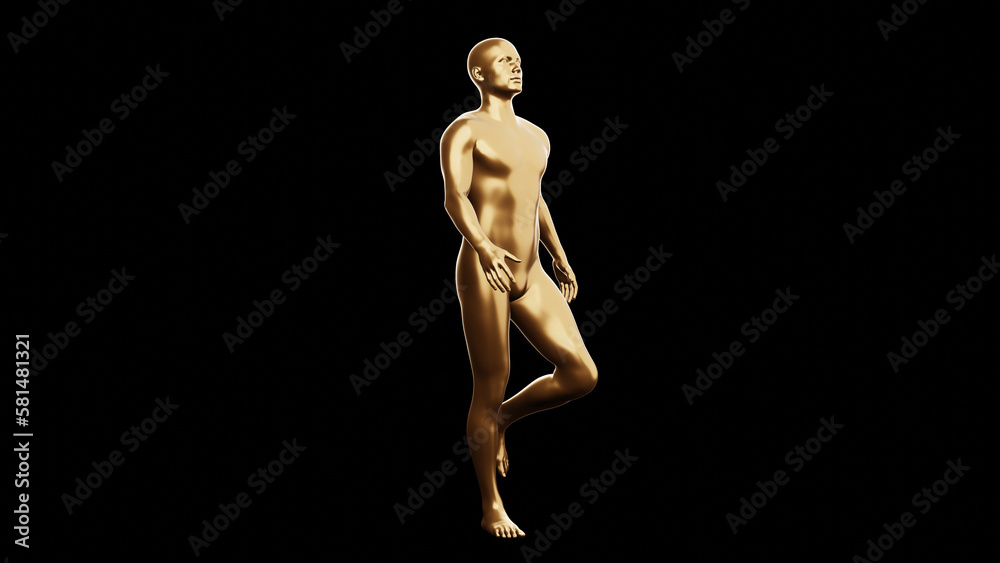 Beautiful young metallic gold man posing, isolated on black background. 3d illustration (rendering). Golden mannequin, android. Beautiful young metallic gold man posing, isolated on black background. 3d illustration (rendering). Golden mannequin, android.