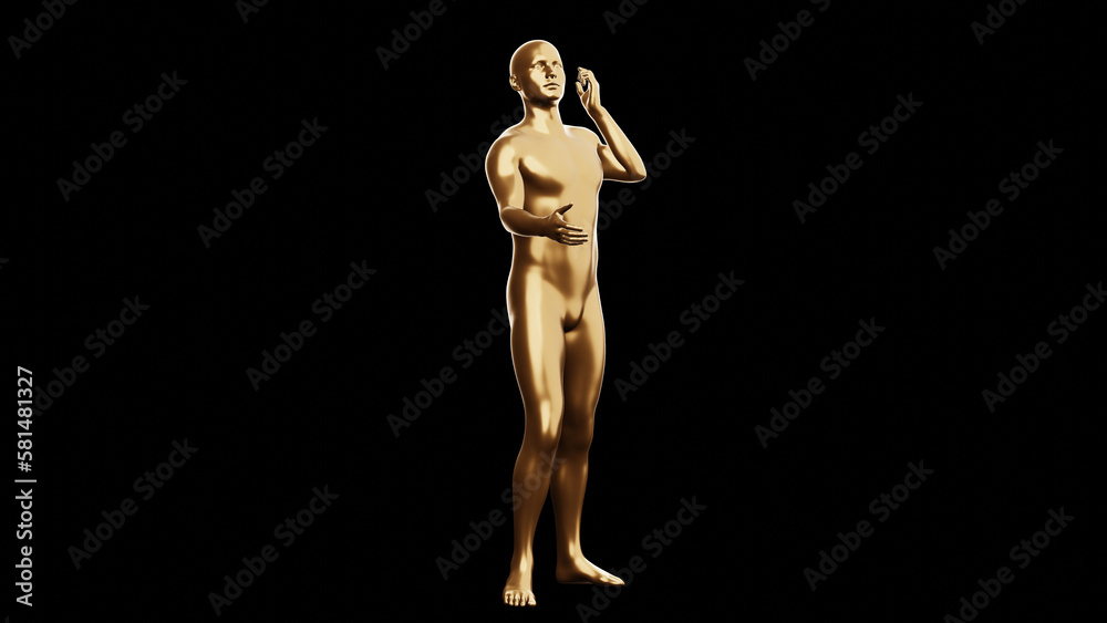 Beautiful young metallic gold man posing, isolated on black background. 3d illustration (rendering). Golden mannequin, android. Beautiful young metallic gold man posing, isolated on black background. 3d illustration (rendering). Golden mannequin, android.