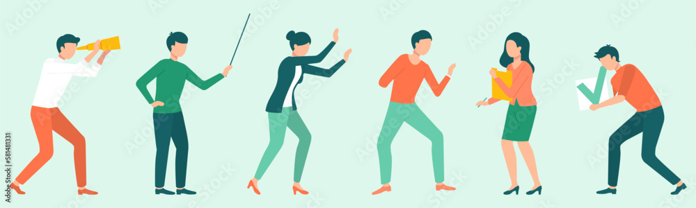 Group of working people standing isolated characters in various poses. Businessmen and business women in flat design. Team of employees, male and female corporate office workers in full growth Group of working people standing isolated characters in various poses. Businessmen and business women in flat design. Team of employees, male and female corporate office workers in full growth