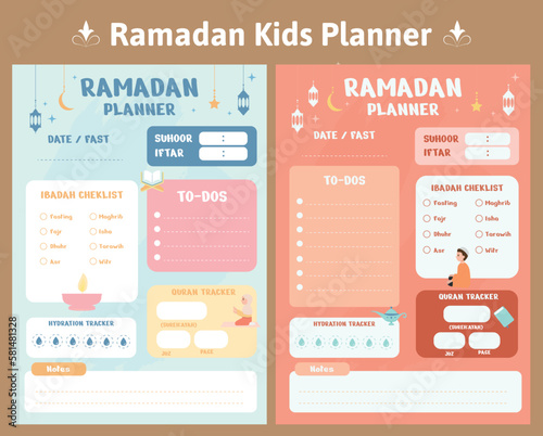 A set of ramadan kids planner with a menu. Ramadan planner template for children, vector design. Ready for print.