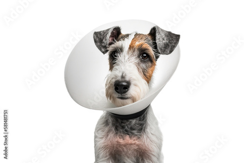 Dog after surgery wearing a cone. PNG.  Sad fox terrier dog portrait isolated on transparent background. digital ai art photo