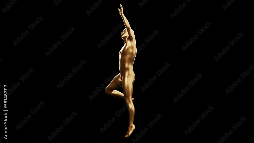 Beautiful young metallic gold man posing, isolated on black background. 3d illustration (rendering). Golden mannequin, android.