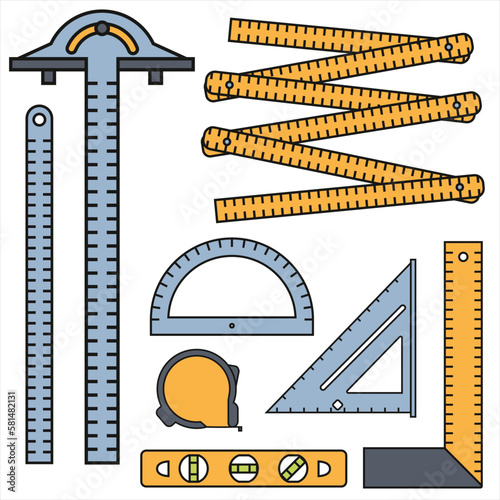 Measuring tools and level. Outlined and colored icon set. Flat vector illustration.