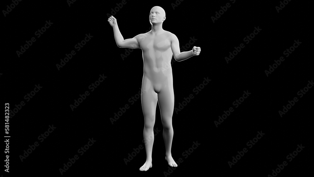 Beautiful young man posing, isolated on black background. 3d illustration (rendering). Plastic shiny mannequin, android, robot.