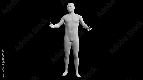 Beautiful young man posing  isolated on black background. 3d illustration  rendering . Plastic shiny mannequin  android  robot.