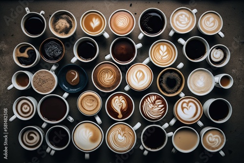 view from above of many coffees. Generative AI