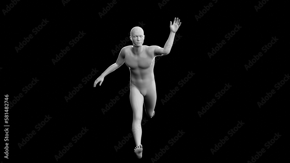 Beautiful young man posing, isolated on black background. 3d illustration (rendering). Plastic shiny mannequin, android, robot.