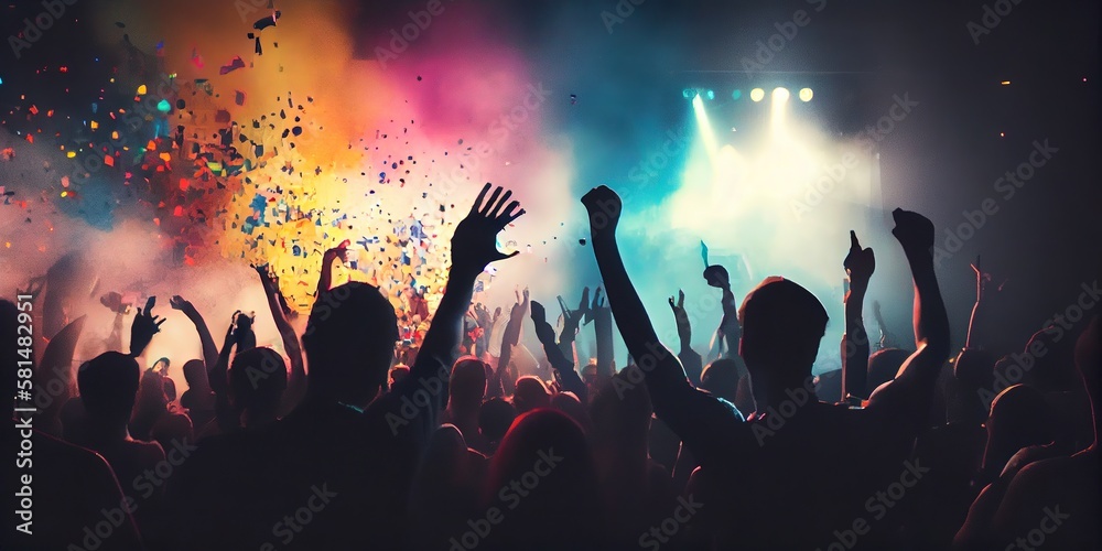 Crowded concert festival with scene stage orange purple and yellow lights with colorful smoke rock show performance, people silhouette, colourful confetti explosion fired. Generative AI Technology
