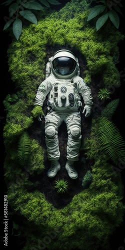 Top view of Astronaut rest in the forest moss. generative ai