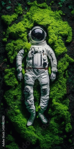 Top view of Astronaut rest in the forest moss. generative ai