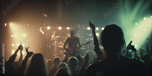 Guitarist on a stage playing rock to the crowd of people with scene stage orange purple and yellow lights with colorful smoke rock show performance, people silhouette, Generative AI technology