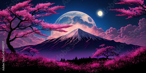 Mount Fuji and cherry blossoms which are viewed from Japan landscape purple and pink sky, some stars and the full moon, tres blossom. Generative AI technology photo
