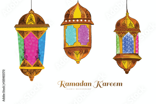 .Ramadan kareem three colorful traditional islamic lamps card background