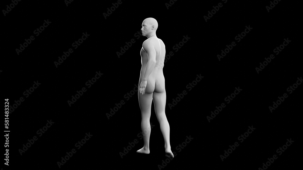 Beautiful young man posing, isolated on black background. 3d illustration (rendering). Plastic shiny mannequin, android, robot.