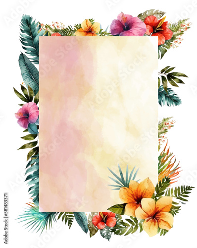 Vector Watercolor floral illustration frame, Tropical flowers, green leaves. Wedding invitation, wallpaper.