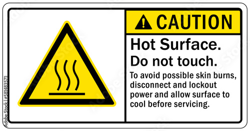 Hot warning sign and labels hot surface. do not touch. To avoid possible skin burns, disconnect and lockout power and allow surface to cool before servicing