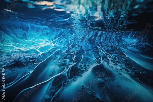 blurry close up of surface water in blue. Abstract of blue water's surface that is reflected in the sunlight. View of the water from above. Use of water splatters in graphic design. Generative AI