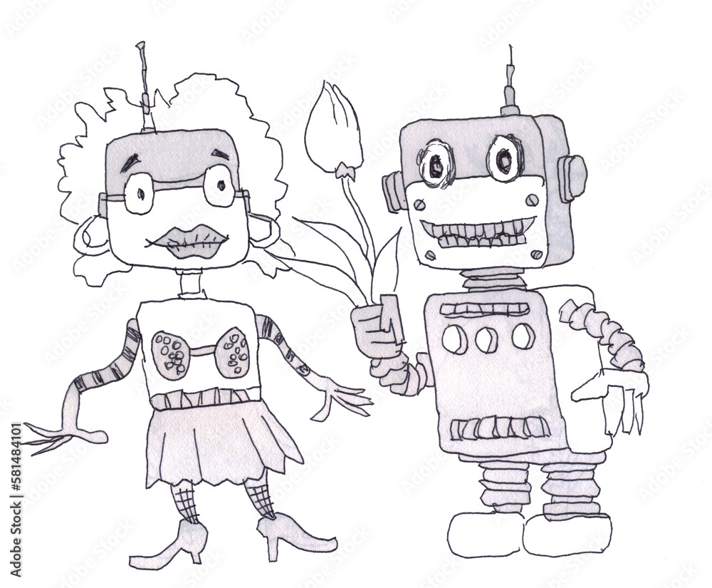 A couple of robots in love. The robot gives a flower to his girlfriend.