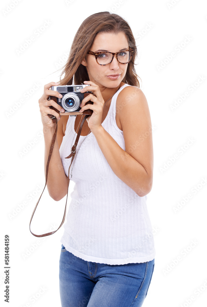 Photographic perfection. A young woman holding a camera against a white background. Photographic perfection. A young woman holding a camera against a white background.