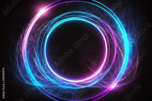 circles, energy source, luminous rings, empty space, frame, ultraviolet spectrum, laser display, smoke, fog, ground, round gateway, pink and blue neon lights, virtual reality. Generative AI