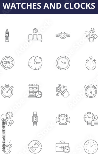 Watches and clocks line vector icons and signs. Clocks, Timepieces, Chronometers, Timekeeping, Timers, Analogs, Digital, Quartz outline vector illustration set photo