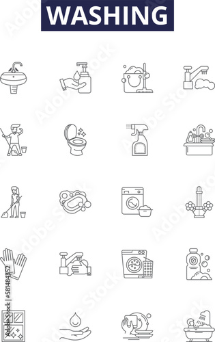 Washing line vector icons and signs. Wiping, Scouring, Showering, Flushing, Cleaning, Soaking, Wringing, Sudsing outline vector illustration set