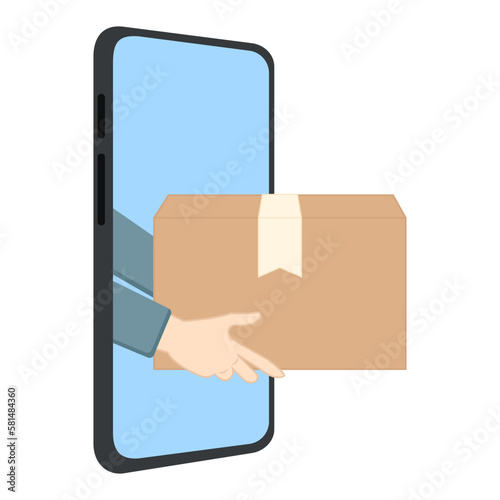 Receive parcels by phone, order through the online store. The hand holds the parcel and passes it to the recipient