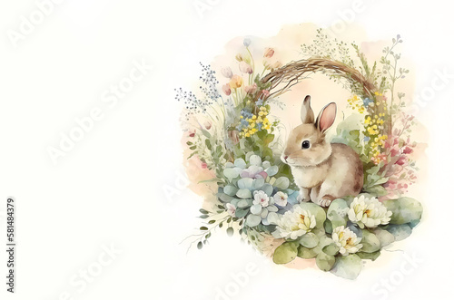 Easter. Easter composition rabbit in flowers and eggs. Copy space. AI generated