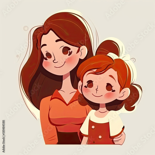 Mother and Daughter Cartoon Illustration AI Generative