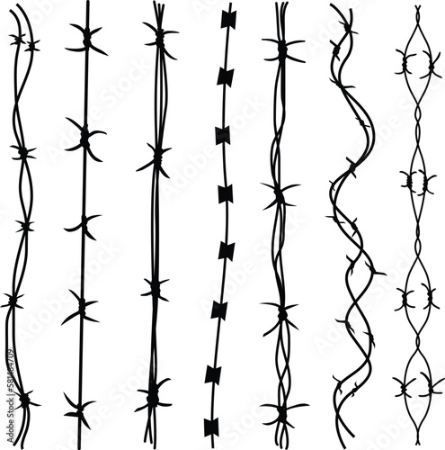 Different barbed wire silhouettes set. Steel black wire barb fence 
