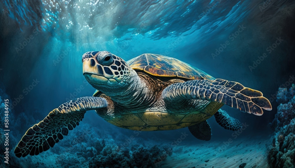 Fototapeta premium Underwater wild turtle swimming in the ocean against the background of a flock of fish