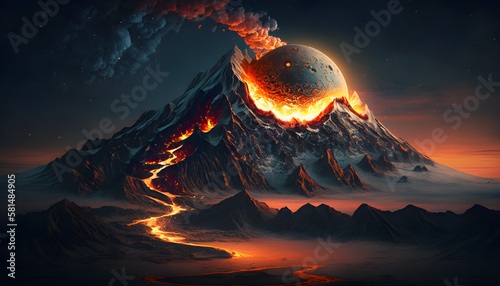 Fotografia, Obraz moon inside erupting volcano ultrarealistic - AI