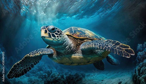 Underwater wild turtle swimming in the ocean against the background of a flock of fish