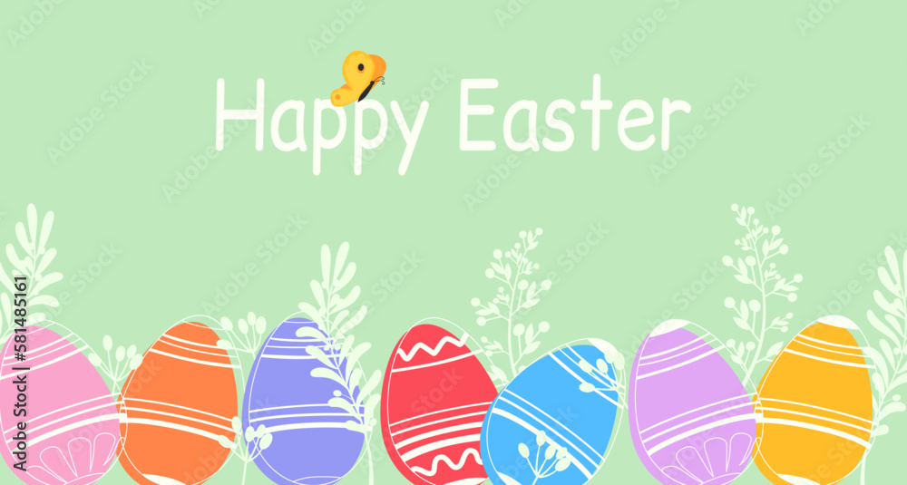 Easter poster and banner template with Easter eggs. Greetings and presents for Easter Day in flat lay styling. Promotion and shopping template for Happy Easter. Greeting card. Spring holiday