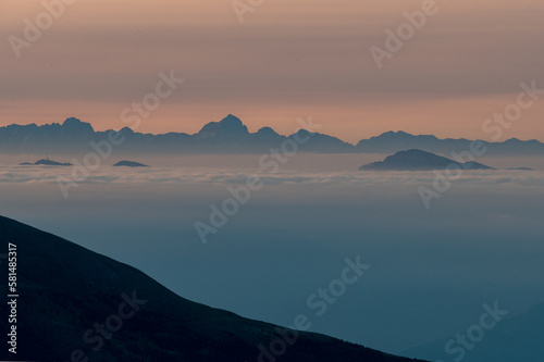 Mountain view at sunset with inversion in the Austrian Alps in the Hohe Tauern mountains