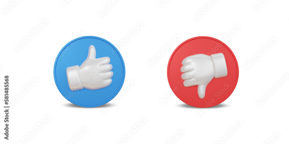 3D rendering of like and dislike icons. Thumbs up and thumbs down symbol. clipping path 3D rendering of like and dislike icons. Thumbs up and thumbs down symbol. clipping path
